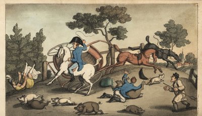 Johnny en een Dame botsen met een gig in een kudde varkens. Handgekleurde kopergravure door W. Read naar een illustratie van Thomas Rowlandson uit Alfred Burton