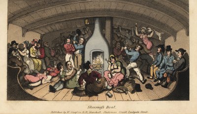 Johnny feestend met zeelieden, slopmannen, crimps, modderlarkers, hoeren en pooiers in een hut op de Sheerness-boot door Thomas Rowlandson
