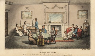 Johnny het hof makend aan Maria in een salon terwijl anderen kaarten spelen en liedjes zingen bij de haard door Thomas Rowlandson
