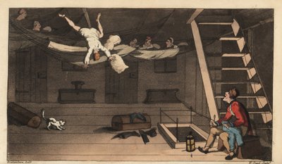 Johnny valt uit zijn hangmat in zijn hut. Handgekleurde kopergravure door W. Read naar een illustratie van Thomas Rowlandson uit Alfred Burton