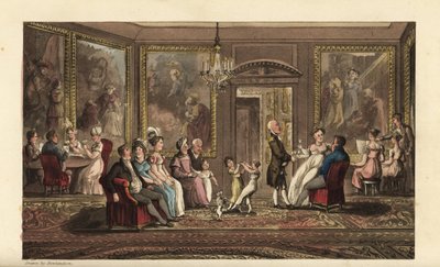 Johnny geeft een groot feest. Sociaal evenement in een groot herenhuis, met gasten die kaarten spelen, liedjes zingen, praten, dansen en socialiseren. Handgekleurde kopergravure door Thomas Rowlandson uit William Combe