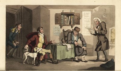 Johnny in dienst van Jacob Levi, de geldschieter. Handgekleurde kopergravure door Thomas Rowlandson uit William Combe