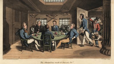 Johnny voegt zich bij de kapitein in zijn hut voor drankjes met de andere officieren. De admiraal heeft het zonsondergang gemaakt, meneer! Handgekleurde kopergravure door W. Read naar een illustratie van Thomas Rowlandson uit Alfred Burton