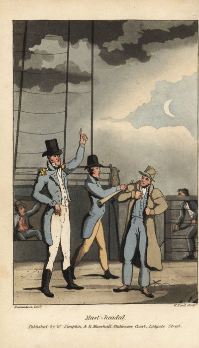 Johnny mast-hoofd door de Kapitein. Bevolen om naar de top van de mast te klimmen voor het verliezen van een matroos tijdens verlof aan wal. Handgekleurde kopergravure door W. Read naar een illustratie van Thomas Rowlandson uit Alfred Burton