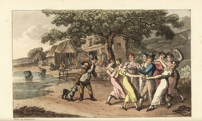 Johnny speelt zijn fluit op een schaapscheerdersfeest, omringd door dansende plattelandsmeisjes. Herders scheren schapen in een schuur en wassen ze in een vijver. Handgekleurde kopergravure door Thomas Rowlandson uit William Combe