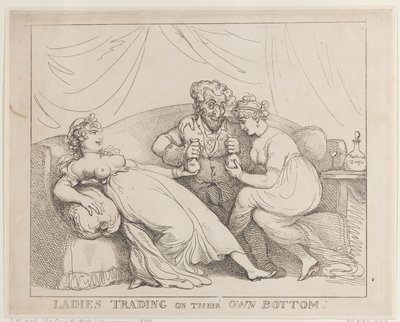 Vrouwen die op hun eigen achterwerk handelen door Thomas Rowlandson