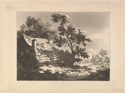 Landschap met Huisje tussen Bomen aan de Linkerkant, en een Verre Kerkspits aan de Rechterkant door Thomas Rowlandson