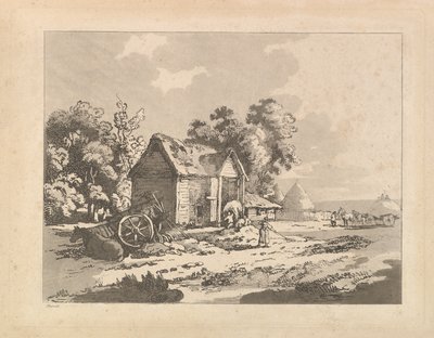 Landschap met figuren die hooi opslaan in een schuur, een kar en paard liggen links, 1783-84 door Thomas Rowlandson