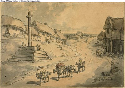 Landschap met wegkruis en huisjes door Thomas Rowlandson