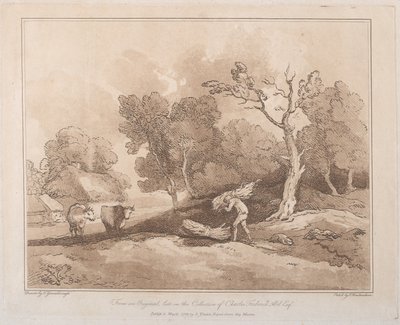 Landschap met een Figuur die een Bundel Takken Draagt, een Bosje Achter, Twee Koeien, 21 mei 1789 door Thomas Rowlandson