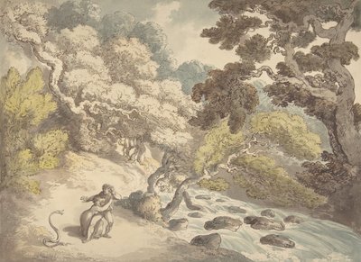 Landschap met stromende beek en een stel aan de oever, geschrokken door een slang, 1775-1827 door Thomas Rowlandson