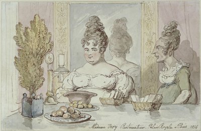 Mevrouw Véry, restauranthoudster. Palais Royal in Parijs door Thomas Rowlandson