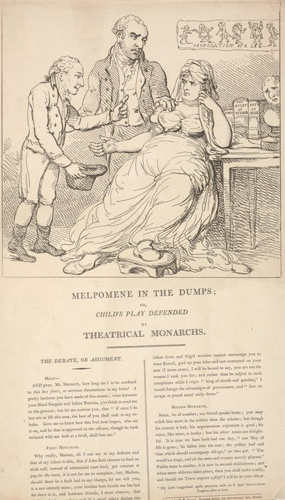 Melpomene in de put; of: Kinderspel verdedigd door theaterkoningen door Thomas Rowlandson