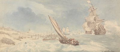 Oorlogsschepen en zeilboten bij de kust door Thomas Rowlandson