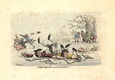 Mannen en vrouwen schaatsen op dun ijs en vallen in een bevroren rivier door Thomas Rowlandson