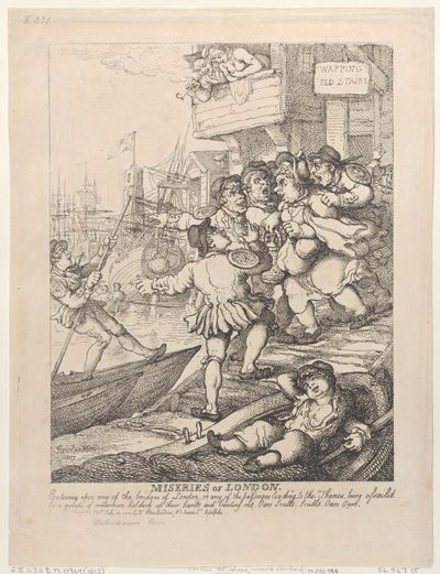 De ellende van Londen: Zodra je een van de bruggen van Londen of een van de doorgangen naar de Theems betreedt, word je bestormd door een groep schippers die hun handen omhoog steken en luidkeels roepen: „Roeren! Roeren! Roeren! Roeren!” door Thomas Rowlandson