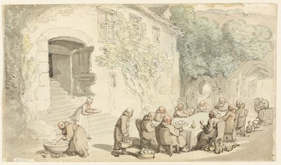 Monniken dineren buiten (recto); Dorpsstraat (verso) door Thomas Rowlandson