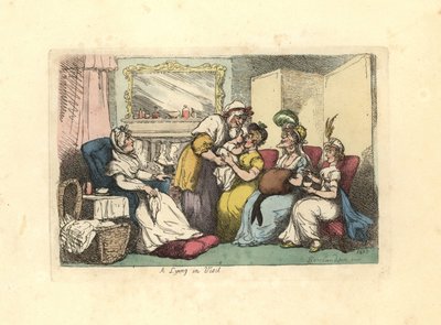 Moeder met pasgeboren baby bezocht door verschillende vrouwen in een salon door Thomas Rowlandson