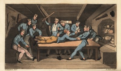 Marine straf van cobbing (afranselen) voor het verpesten van een maaltijd. Johnny wordt met een stok geslagen over de mess tafel voor het toevoegen van zout aan de pudding. Handgekleurde kopergravure door W. Read naar een illustratie van Thomas Rowlandson  door Thomas Rowlandson
