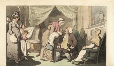 Verpleegster toont een baby aan een oude man en vrouw door Thomas Rowlandson