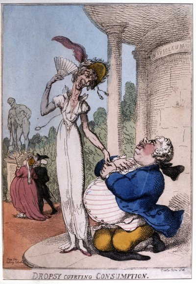 Obese man het hof maken aan een tuberculosepatiënt: waterzucht en consumptie, begin 19e eeuw (karikatuur) door Thomas Rowlandson