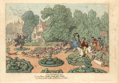 Dominee vervloekt vossenjagers en honden die zijn tuin vertrappen door Thomas Rowlandson