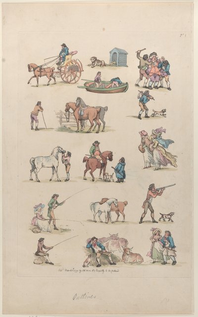 Plate 1, Outlines of Figures, Landscapes and Cattle...for the Use of Learners door Thomas Rowlandson