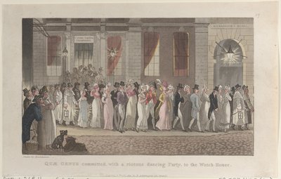 Quae Genus gearresteerd, met een uitbundig dansfeest, naar het wachthuis door Thomas Rowlandson