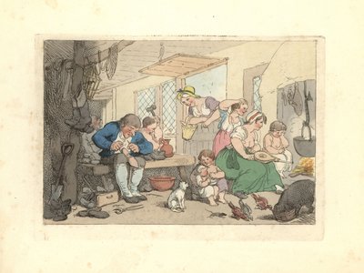 Regency schoenmaker repareert schoenen in een drukke kamer door Thomas Rowlandson