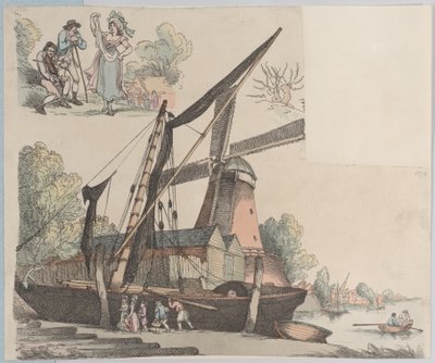 Rivierscène met molen van plaat 9, Contouren van figuren, landschappen en C..., 20 januari 1791 door Thomas Rowlandson