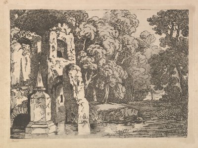 Ruïnes naast een vijver in een bebost landschap door Thomas Rowlandson