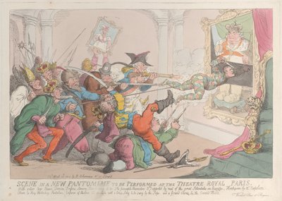 Scène in een nieuwe pantomime op te voeren in het Theatre Royal Parijs door Thomas Rowlandson