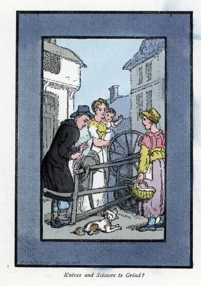 Slijper die een mes slijpt op zijn slijpsteen, met zijn klanten (1819). Houtsnede, gebaseerd op een schilderij van Thomas Rowlandson, gepubliceerd in The Cris of London door Thomas Rowlandson