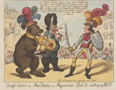 Eén-op-één-gevecht in Moorfields, of de grootmoedige Paul O! – Daagt iedereen uit, O! (uit: Caricature, deel 4) door Thomas Rowlandson
