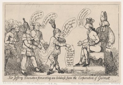 Sir Jeffery Dunstan houdt een toespraak namens het stadsbestuur van Garratt door Thomas Rowlandson
