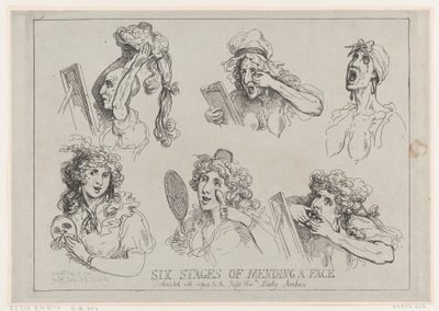 Zes stadia van het herstellen van een gezicht, toegewijd met respect aan de Eerwaarde Lady Ar..., 29 mei 1792 door Thomas Rowlandson