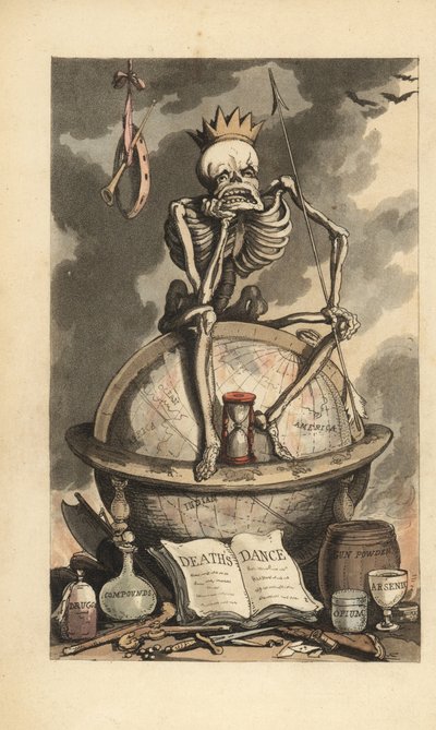 Skelet met kroon, speer en zandloper zittend op een wereldbol boven verschillende dodelijke wapens, pistolen, messen, vergiften en drugs. Handgekleurde kopergravure getekend en gegraveerd door Thomas Rowlandson uit The English Dance of Death, Ackermann, Lo door Thomas Rowlandson