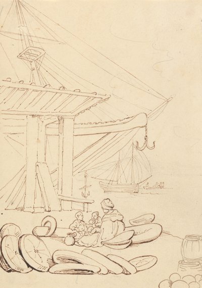 Schets van een vrouw en kinderen die op een laadkade zitten door Thomas Rowlandson