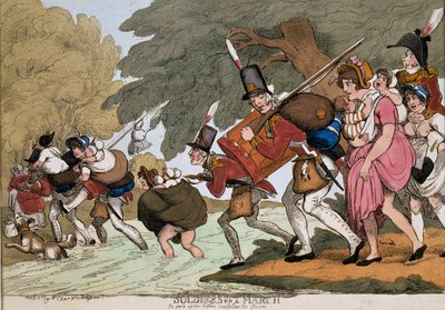 Soldaten op een mars, gravure door G.M. Woodward, gepubliceerd 1811 door Thomas Rowlandson