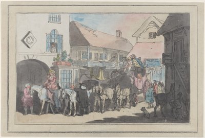 Postkoets en ruiters op de binnenplaats van een herberg, klaar om te vertrekken door Thomas Rowlandson