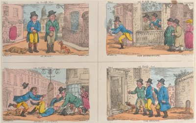 De jacht van de baljuw: In fout, De tweede ontsnapping, Dubbel en Squat, en De inbeslagname, 1809 door Thomas Rowlandson