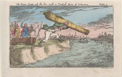 De baron springt in zee met een Turks stuk geschut, [1809], heruitgegeven 1811 door Thomas Rowlandson
