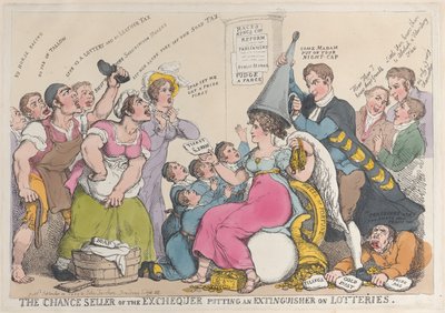 De Kansverkoper van de Schatkist die een Demping zet op Loterijen, 18 september 1823 door Thomas Rowlandson