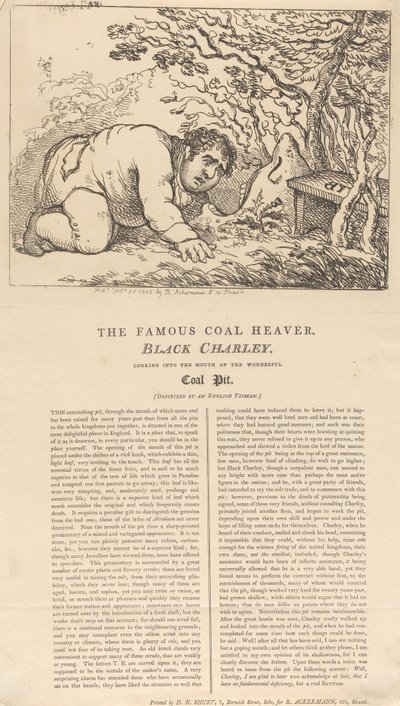 De beroemde zwarte kolenploeger, Black Charley, die in de opening van de prachtige kolenmijn kijkt door Thomas Rowlandson