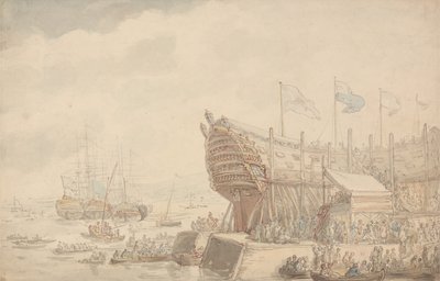 De Te Water Lating van H.M.S. Hibernia 1804 door Thomas Rowlandson