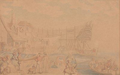 De tewaterlating van een schip door Thomas Rowlandson