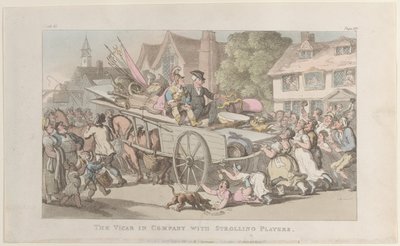 De Dominee in gezelschap van Rondtrekkende Spelers, uit De Dominee van Wakefield, 1 mei 1817 door Thomas Rowlandson