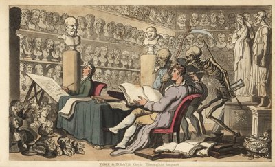 De figuren van Tijd en Dood staan achter een kunstenaar met een ganzenveer door Thomas Rowlandson