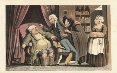 De wees Johnny herenigd met zijn vader, Dr. Syntax. De oude man heeft zijn voeten in emmers met warm water om de jicht te verzachten. De boekverkoper, kok en Betty Broom kijken toe. Handgekleurde kopergravure door Thomas Rowlandson uit William Combe