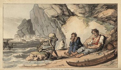 Het skelet van de Dood zit op een strand met twee schipbreukelingen door Thomas Rowlandson